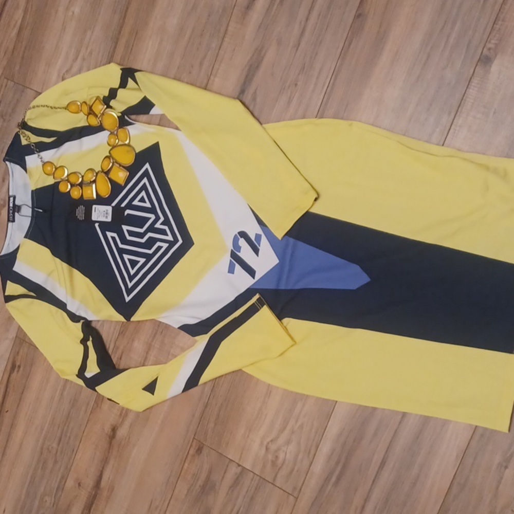 Fashion Nova Yellow, Black & White Geometric Long Sleeve Bodycon Dress